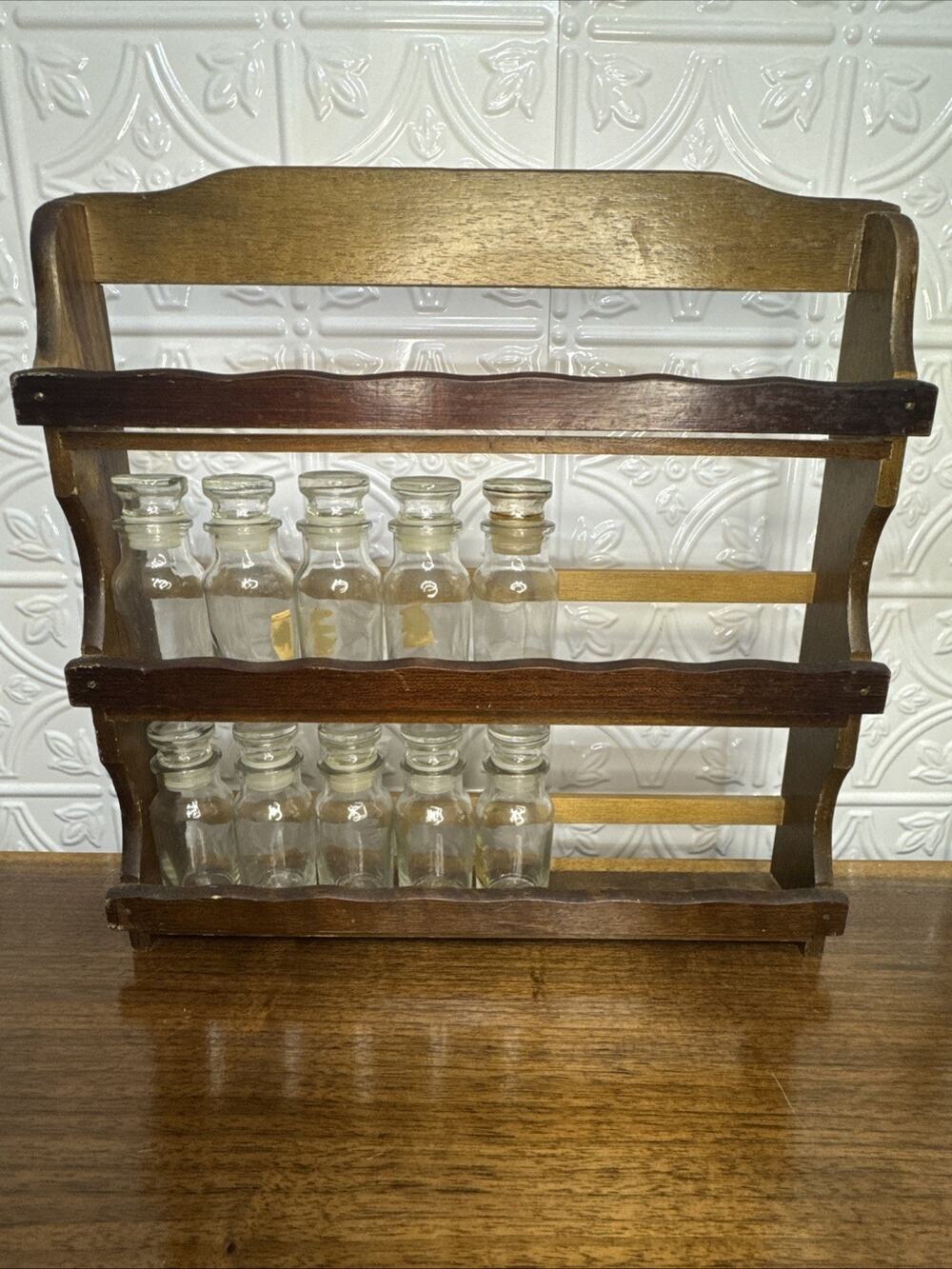 Vintage Wall Hanging Wooden Spice Rack With Glass Spice Jars